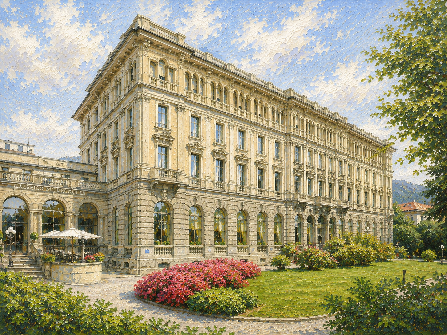 Palace Hotel Como facade and gardens